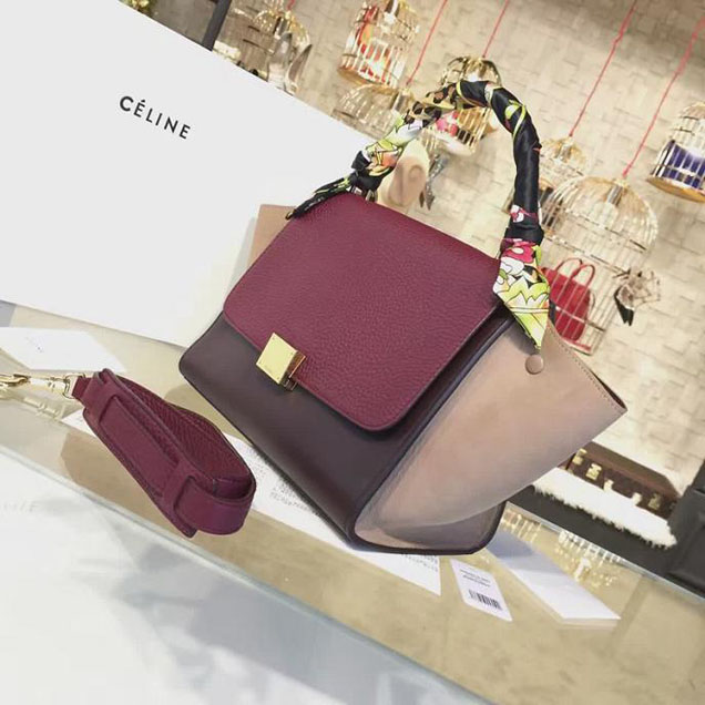 Celine Trapeze Top Handle Small Bag Grained Calfskin with Suede Leather Pre-Fall Winter 2016 Collection Berry Burgundy Light Pink