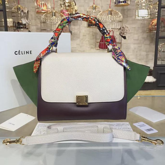 Celine Trapeze Top Handle Small Bag Grained Calfskin with Suede Leather Pre-Fall Winter 2016 Collection White Burgundy Green