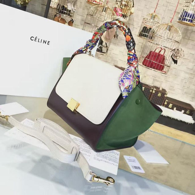 Celine Trapeze Top Handle Small Bag Grained Calfskin with Suede Leather Pre-Fall Winter 2016 Collection White Burgundy Green