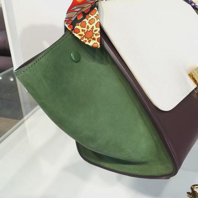 Celine Trapeze Top Handle Small Bag Grained Calfskin with Suede Leather Pre-Fall Winter 2016 Collection White Burgundy Green