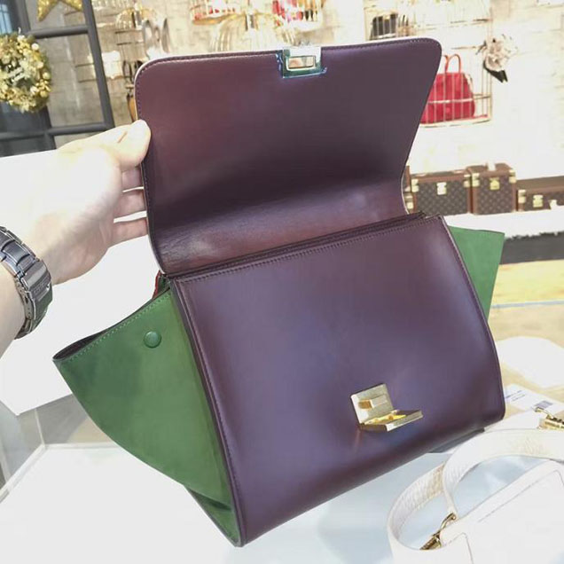 Celine Trapeze Top Handle Small Bag Grained Calfskin with Suede Leather Pre-Fall Winter 2016 Collection White Burgundy Green