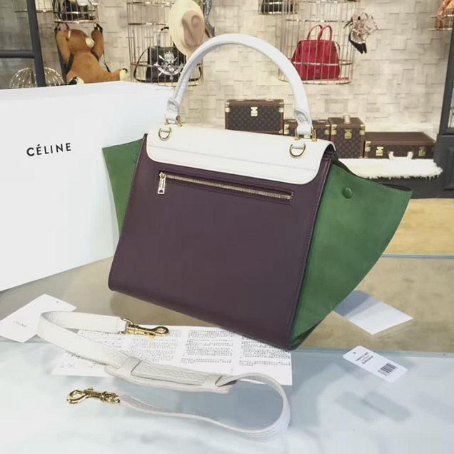 Celine Trapeze Top Handle Medium Bag Grained Calfskin with Suede Leather Pre-Fall Winter 2016 Collection White Burgundy Green