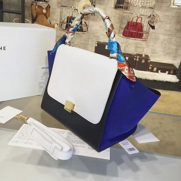 Celine Trapeze Top Handle Small Bag Grained Calfskin with Suede Leather Pre-Fall Winter 2016 Collection White Black Blue