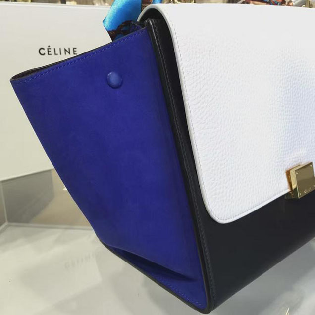 Celine Trapeze Top Handle Small Bag Grained Calfskin with Suede Leather Pre-Fall Winter 2016 Collection White Black Blue