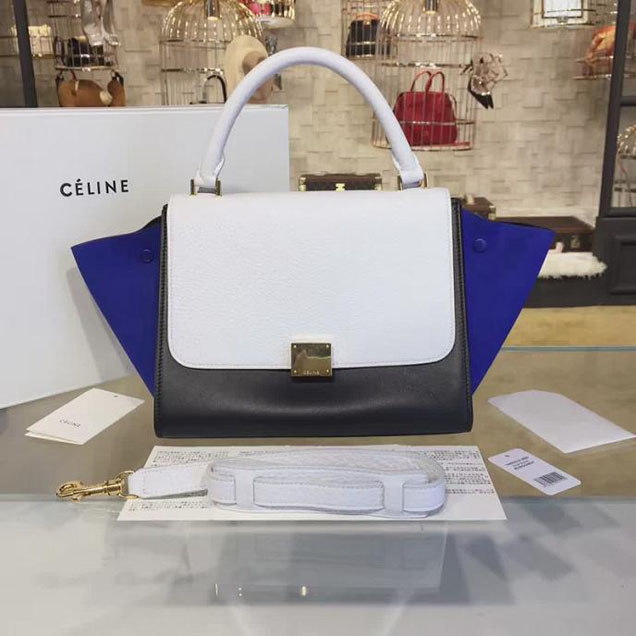 Celine Trapeze Top Handle Medium Bag Grained Calfskin with Suede Leather Pre-Fall Winter 2016 Collection White Black Blue