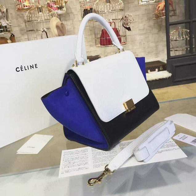 Celine Trapeze Top Handle Medium Bag Grained Calfskin with Suede Leather Pre-Fall Winter 2016 Collection White Black Blue
