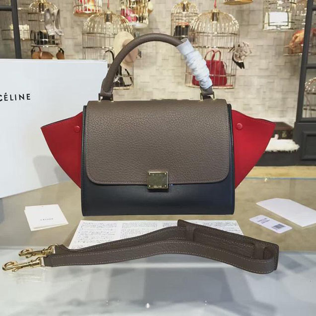 Celine Trapeze Top Handle Small Bag Grained Calfskin with Suede Leather Pre-Fall Winter 2016 Collection Brown Black Red