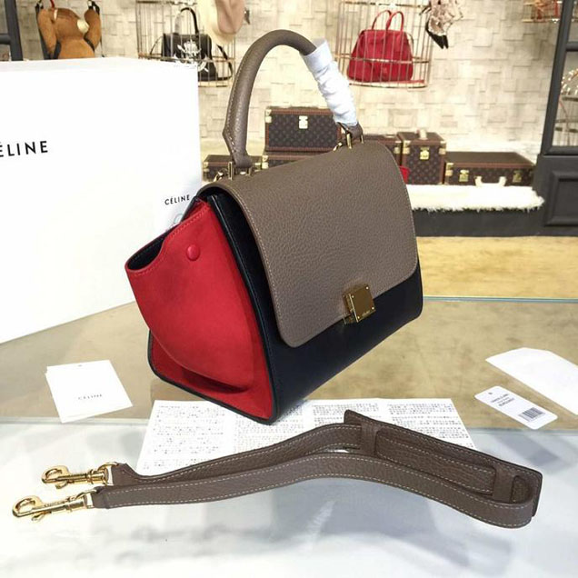 Celine Trapeze Top Handle Small Bag Grained Calfskin with Suede Leather Pre-Fall Winter 2016 Collection Brown Black Red