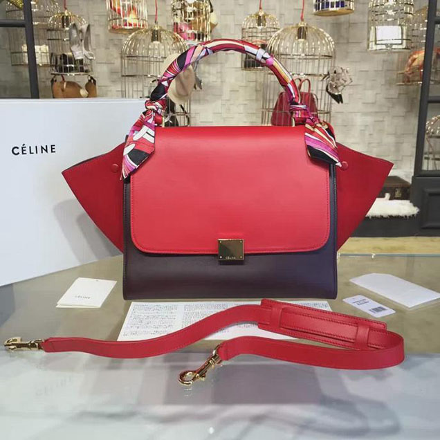 Celine Trapeze Top Handle Small Bag Smooth Calfskin with Suede Leather Pre-Fall Winter 2016 Collection Red Burgundy