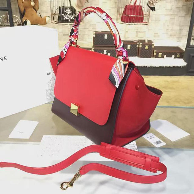 Celine Trapeze Top Handle Small Bag Smooth Calfskin with Suede Leather Pre-Fall Winter 2016 Collection Red Burgundy