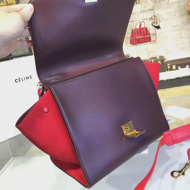 Celine Trapeze Top Handle Small Bag Smooth Calfskin with Suede Leather Pre-Fall Winter 2016 Collection Red Burgundy
