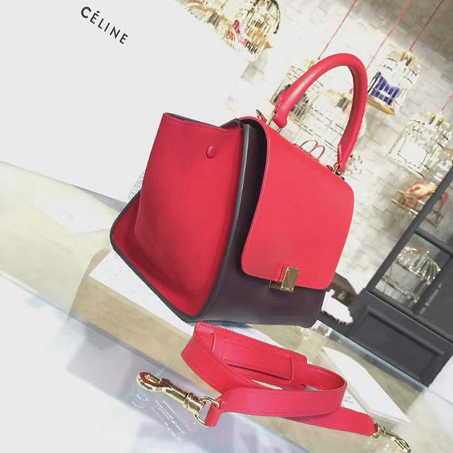 Celine Trapeze Top Handle Medium Bag Smooth Calfskin with Suede Leather Pre-Fall Winter 2016 Collection Red Burgundy