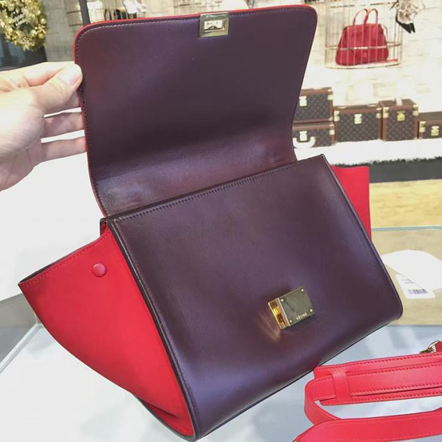 Celine Trapeze Top Handle Medium Bag Smooth Calfskin with Suede Leather Pre-Fall Winter 2016 Collection Red Burgundy