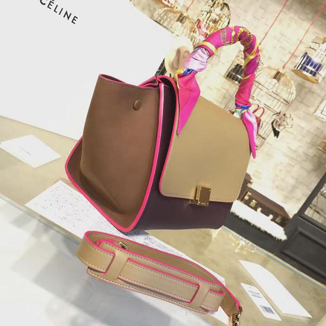 Celine Trapeze Top Handle Small Bag Smooth Calfskin with Suede Leather Pre-Fall Winter 2016 Collection Beige Burgundy Brown with Pink Piping