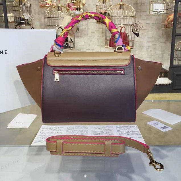 Celine Trapeze Top Handle Small Bag Smooth Calfskin with Suede Leather Pre-Fall Winter 2016 Collection Beige Burgundy Brown with Pink Piping
