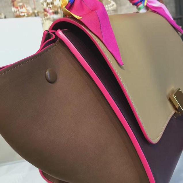 Celine Trapeze Top Handle Small Bag Smooth Calfskin with Suede Leather Pre-Fall Winter 2016 Collection Beige Burgundy Brown with Pink Piping