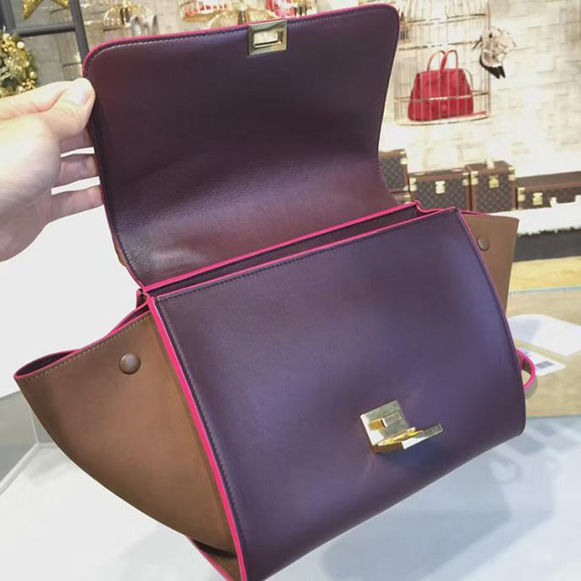 Celine Trapeze Top Handle Small Bag Smooth Calfskin with Suede Leather Pre-Fall Winter 2016 Collection Beige Burgundy Brown with Pink Piping