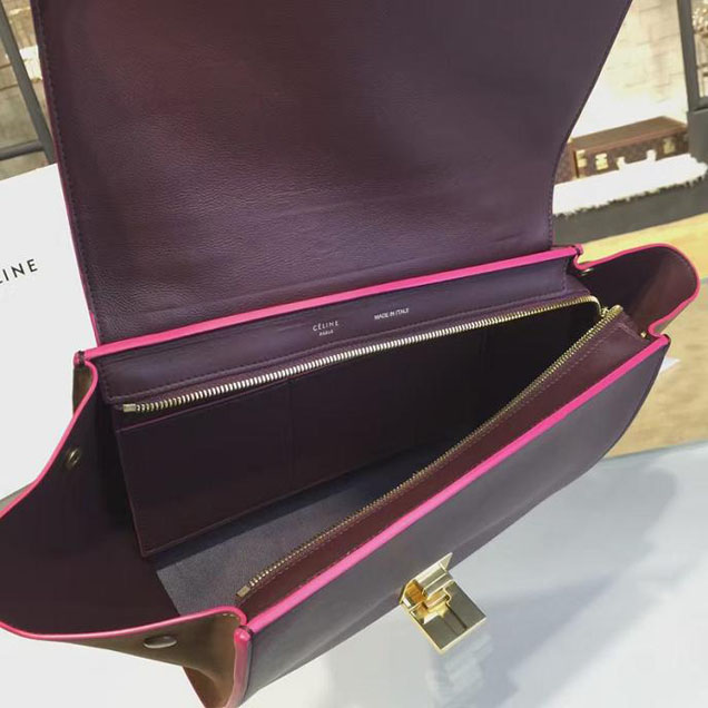 Celine Trapeze Top Handle Small Bag Smooth Calfskin with Suede Leather Pre-Fall Winter 2016 Collection Beige Burgundy Brown with Pink Piping