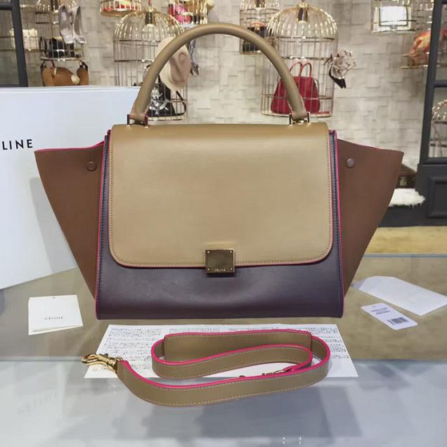 Celine Trapeze Top Handle Medium Bag Smooth Calfskin with Suede Leather Pre-Fall Winter 2016 Collection Beige Burgundy Brown with Pink Piping