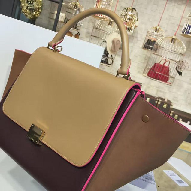 Celine Trapeze Top Handle Medium Bag Smooth Calfskin with Suede Leather Pre-Fall Winter 2016 Collection Beige Burgundy Brown with Pink Piping