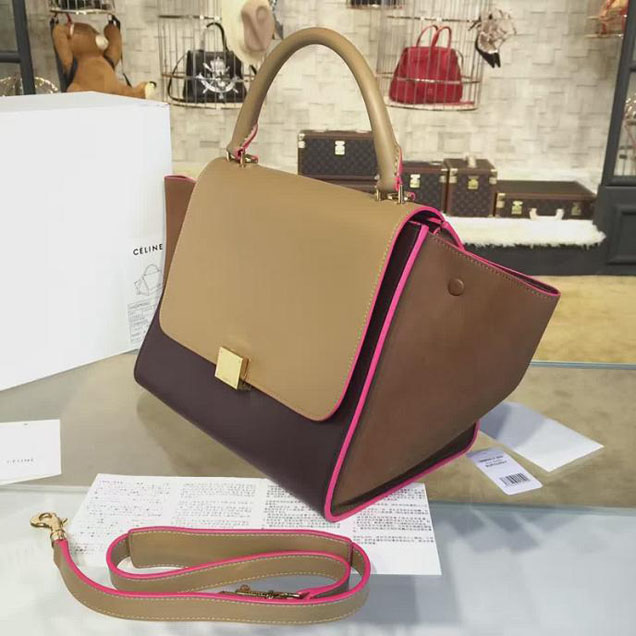 Celine Trapeze Top Handle Medium Bag Smooth Calfskin with Suede Leather Pre-Fall Winter 2016 Collection Beige Burgundy Brown with Pink Piping