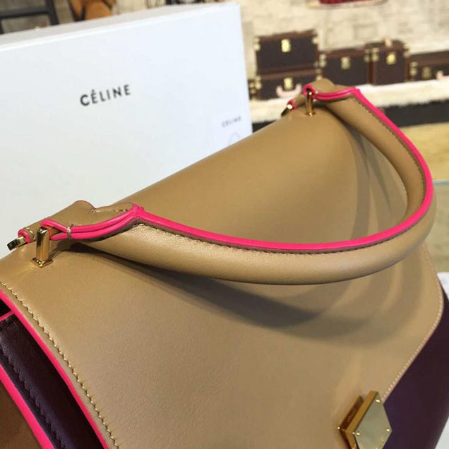 Celine Trapeze Top Handle Medium Bag Smooth Calfskin with Suede Leather Pre-Fall Winter 2016 Collection Beige Burgundy Brown with Pink Piping