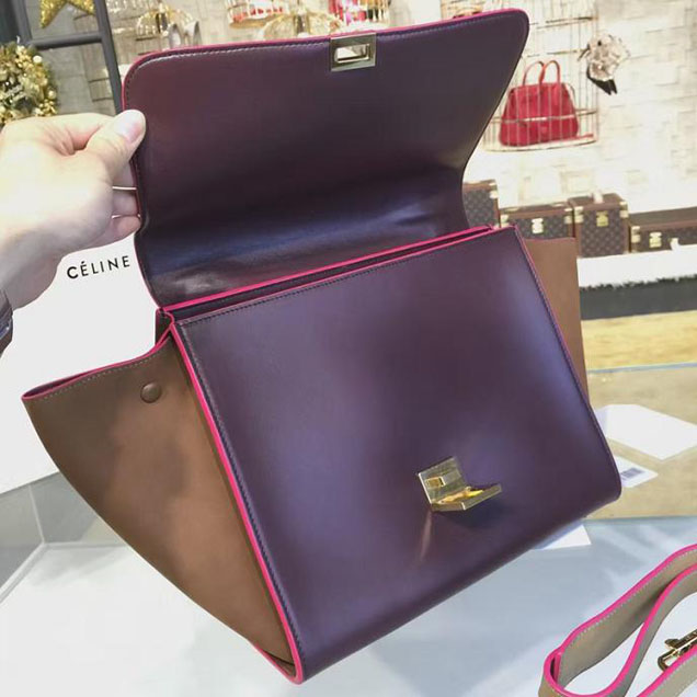 Celine Trapeze Top Handle Medium Bag Smooth Calfskin with Suede Leather Pre-Fall Winter 2016 Collection Beige Burgundy Brown with Pink Piping
