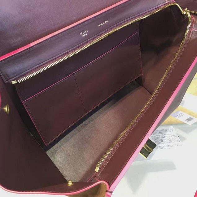 Celine Trapeze Top Handle Medium Bag Smooth Calfskin with Suede Leather Pre-Fall Winter 2016 Collection Beige Burgundy Brown with Pink Piping