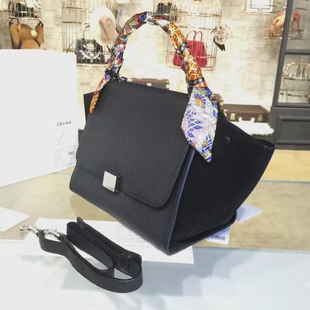 Celine Trapeze Top Handle Small Bag Grained Calfskin with Suede Leather Pre-Fall Winter 2016 Collection Black