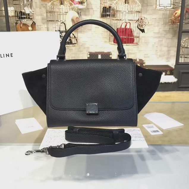 Celine Trapeze Top Handle Medium Bag Grained Calfskin with Suede Leather Pre-Fall Winter 2016 Collection Black