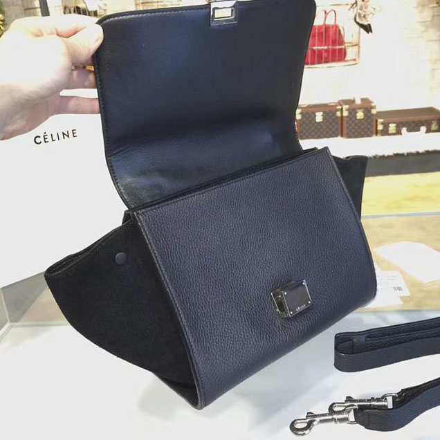 Celine Trapeze Top Handle Medium Bag Grained Calfskin with Suede Leather Pre-Fall Winter 2016 Collection Black