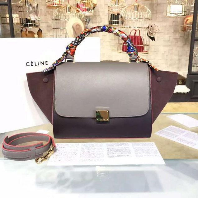 Celine Trapeze Top Handle Small Bag Smooth Calfskin with Suede Leather Pre-Fall Winter 2016 Collection Grey Burgundy Brown with Pink Piping