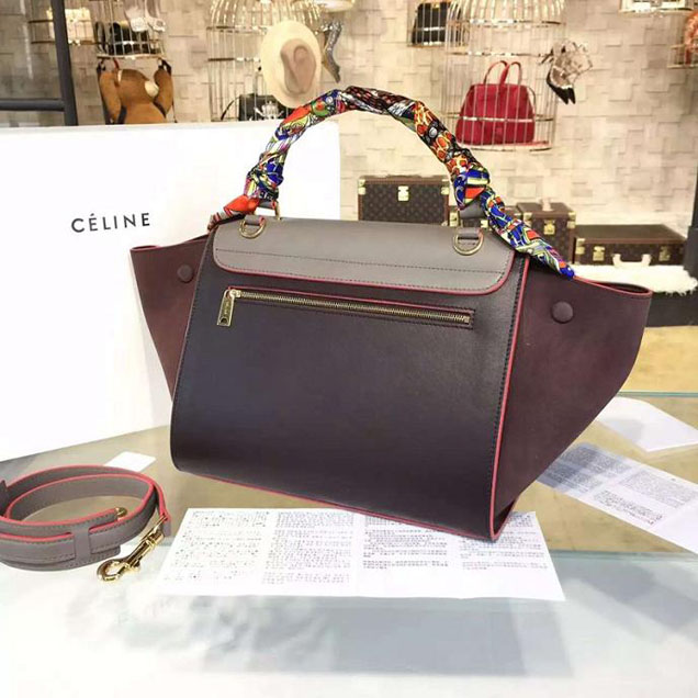 Celine Trapeze Top Handle Small Bag Smooth Calfskin with Suede Leather Pre-Fall Winter 2016 Collection Grey Burgundy Brown with Pink Piping