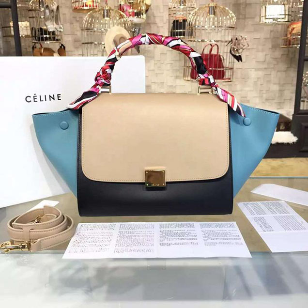 Celine Trapeze Top Handle Small Bag Smooth Calfskin with Suede Leather Pre-Fall Winter 2016 Collection Beige Black Sky Blue