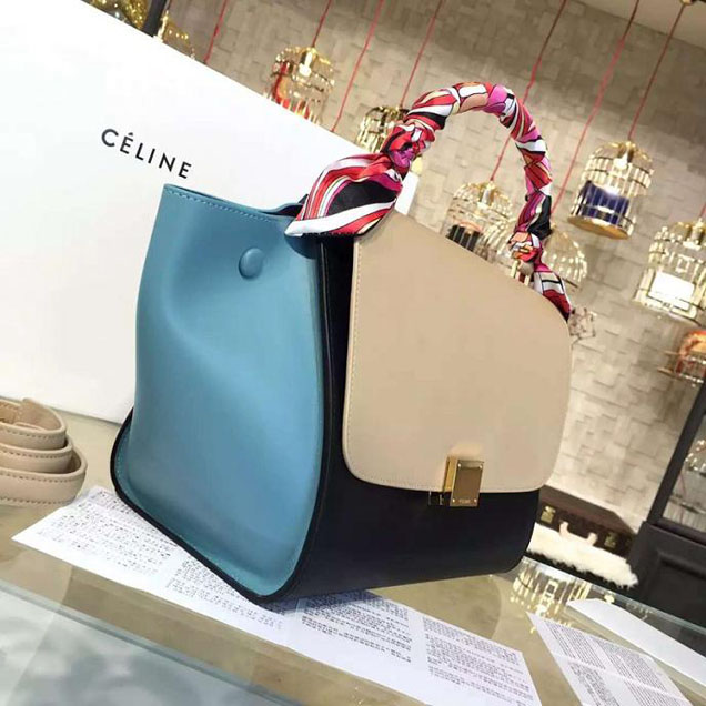 Celine Trapeze Top Handle Small Bag Smooth Calfskin with Suede Leather Pre-Fall Winter 2016 Collection Beige Black Sky Blue