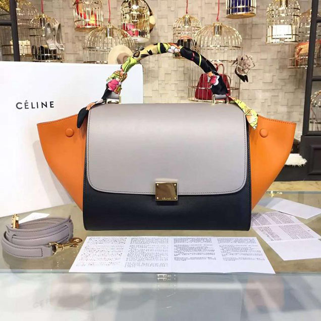 Celine Trapeze Top Handle Small Bag Smooth Calfskin with Suede Leather Pre-Fall Winter 2016 Collection Beige Black Orange