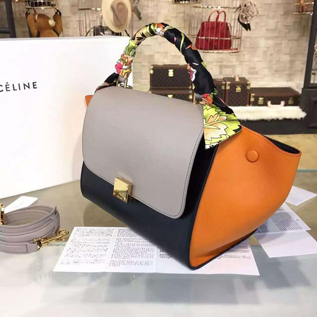 Celine Trapeze Top Handle Small Bag Smooth Calfskin with Suede Leather Pre-Fall Winter 2016 Collection Beige Black Orange