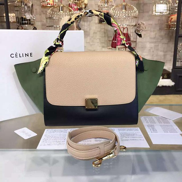 Celine Trapeze Top Handle Small Bag Grained Calfskin with Suede Leather Pre-Fall Winter 2016 Collection Beige Black Green