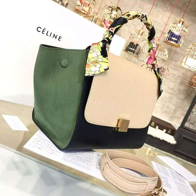 Celine Trapeze Top Handle Small Bag Grained Calfskin with Suede Leather Pre-Fall Winter 2016 Collection Beige Black Green