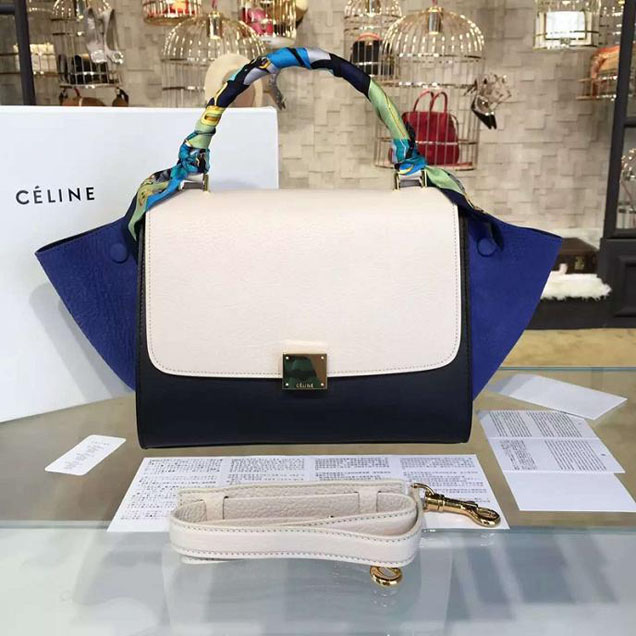 Celine Trapeze Top Handle Small Bag Grained Calfskin with Suede Leather Pre-Fall Winter 2016 Collection White Black Blue