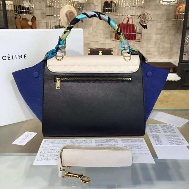 Celine Trapeze Top Handle Small Bag Grained Calfskin with Suede Leather Pre-Fall Winter 2016 Collection White Black Blue