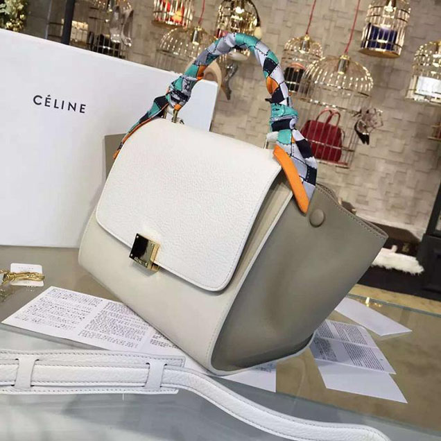 Celine Trapeze Top Handle Small Bag Grained Calfskin with Suede Leather Pre-Fall Winter 2016 Collection White Beige Off White