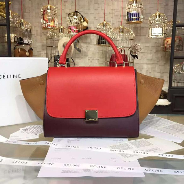 Celine Trapeze Top Handle Small Bag Smooth Calfskin with Suede Leather Pre-Fall Winter 2016 Collection Red Tan Burgundy