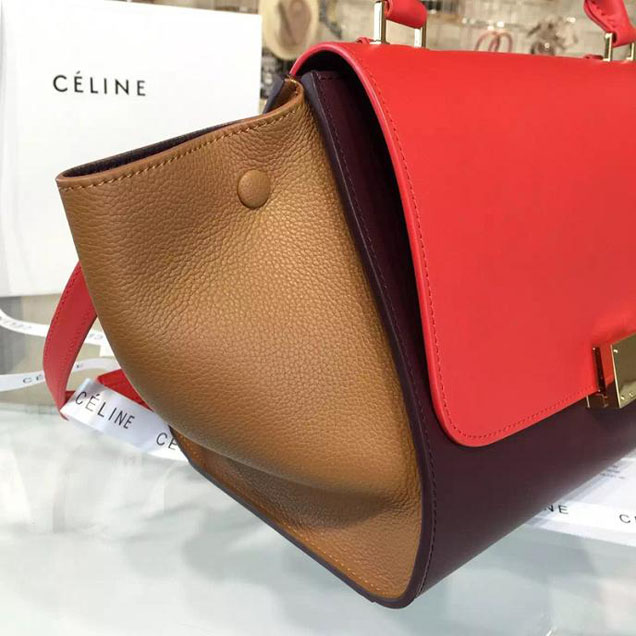 Celine Trapeze Top Handle Small Bag Smooth Calfskin with Suede Leather Pre-Fall Winter 2016 Collection Red Tan Burgundy
