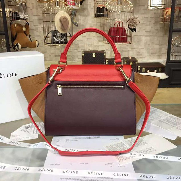 Celine Trapeze Top Handle Small Bag Smooth Calfskin with Suede Leather Pre-Fall Winter 2016 Collection Red Tan Burgundy