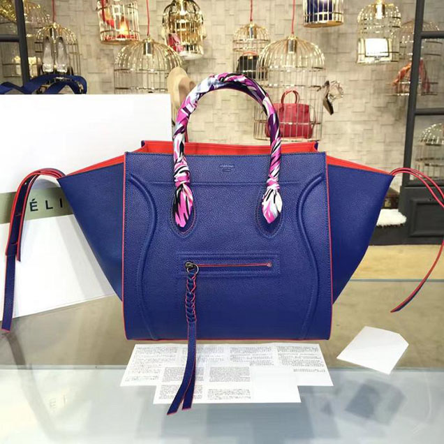 Celine Phantom Tote Bag Grained Calfskin Leather Fall Winter 2016 Collection Electric Blue with Red Suede