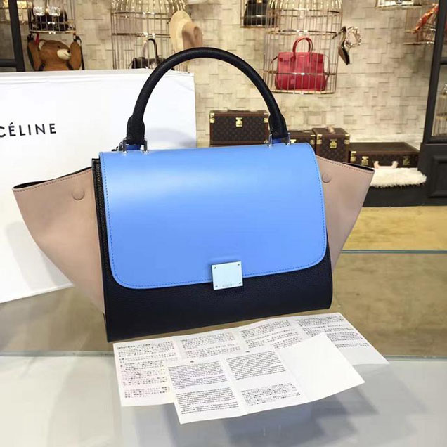 Celine Trapeze Top Handle Small Bag Smooth Calfskin with Suede Leather Pre-Fall Winter 2016 Collection Light Blue Sand Black