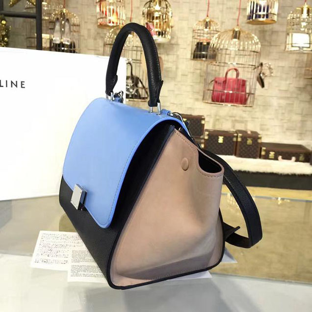 Celine Trapeze Top Handle Small Bag Smooth Calfskin with Suede Leather Pre-Fall Winter 2016 Collection Light Blue Sand Black