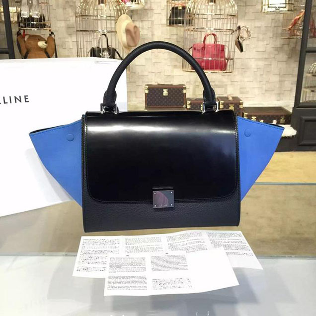 Celine Trapeze Top Handle Small Bag Smooth Calfskin with Suede Leather Pre-Fall Winter 2016 Collection Black Blue