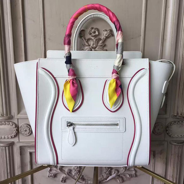 Celine Micro Luggage 26cm Bag Smooth Calfskin Pre-Fall 2017 Bag Collection White with Magenta Piping